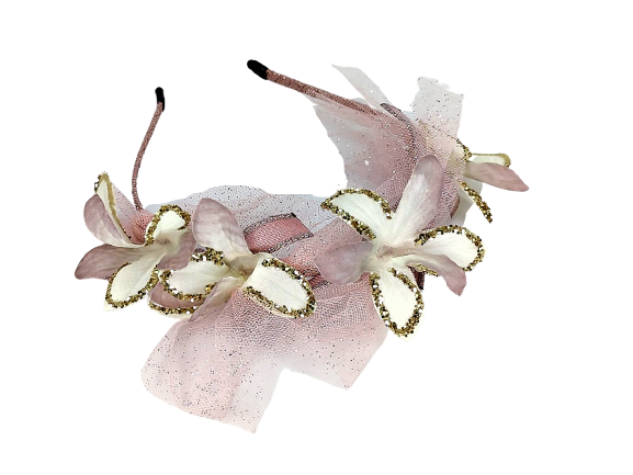 Milaboo Στέκα για τα μαλλιά με λουλούδια , τούλι , κορδέλα και glitter λεπτομέρειες Ροζ